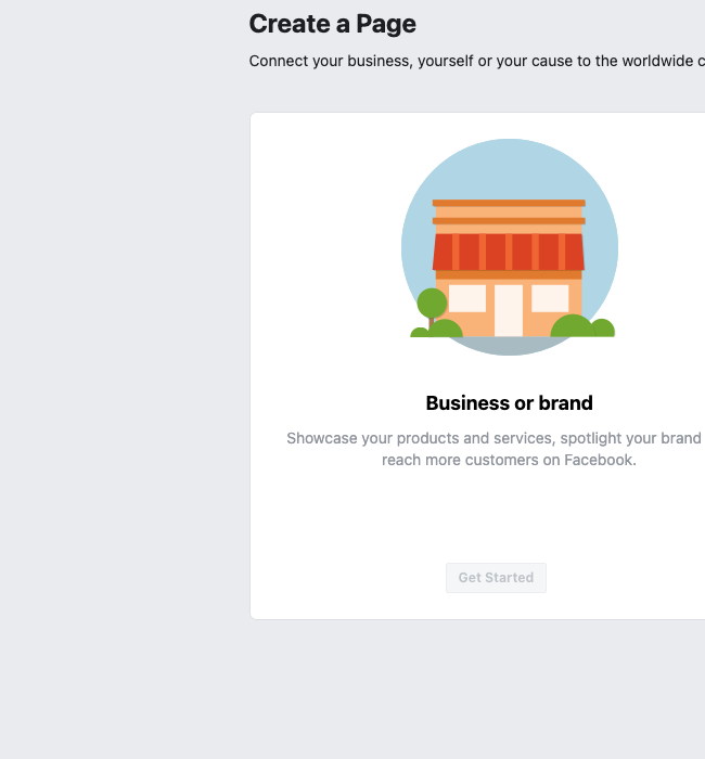 หน้าสร้าง Facebook Page แสดงตัวเลือก Business or brand จากเว็บไซต์ Facebook